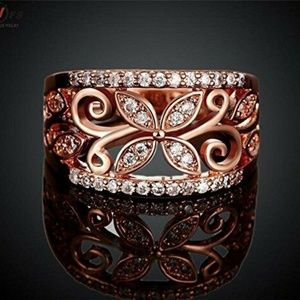 Rose Gold Flower Cubic Zirconia Ring Large Sizes